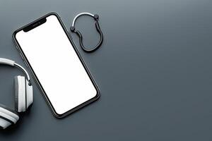 Mobile Device Mockup Screen with Headphones in Tech Workspace Background photo