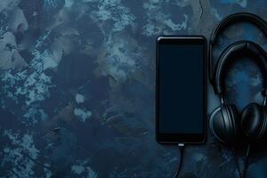Mobile Device Mockup Screen with Headphones in Professional Tech Background photo