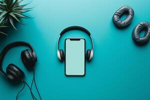 Mobile Device Mockup Screen with Headphones in Digital Tech Workspace Background photo