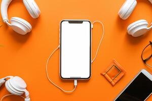 Mobile Device Screen Mockup with Headphones Ideal for Digital Media and Tech Re s photo