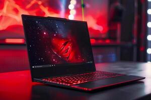 Laptop Mockup with Red Background for Gamers and Enthusiasts in a High Energy photo