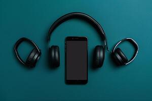 Mobile Device Mockup with Headphones and Screen for   Workspaces photo