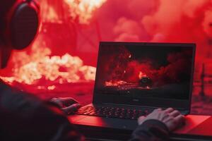 Laptop Mockup with B  Red Background Perfect for Gaming and Interactive Experiences photo