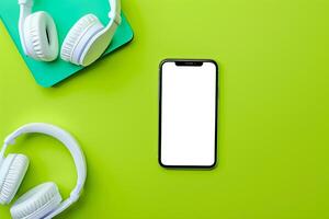 Mobile Device Mockup with Screen and Headphones for Remote Work and Professional Use photo