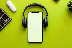 Mobile Device Screen Mockup with Headphones for Digital Communication and Tech Re s photo