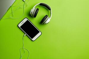 Mobile Device Mockup Screen with Headphones for Tech and Digital Media photo