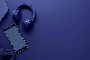 Mobile Device Mockup Screen and Headphones for Cutting Edge Digital Workspaces and Media photo