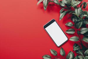 Mobile Device Mockup Screen on Red Background for   Digital Media Presentations photo