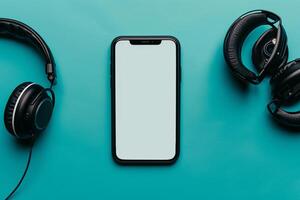 Mobile Device Mockup Featuring Headphones in a Practical Display photo