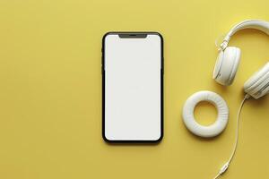 Mobile Device Mockup with Headphones and Interactive Screen Display Background photo