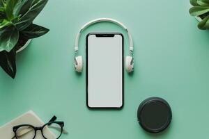 Mobile Device and Headphones Mockup with   Screen Display Background photo