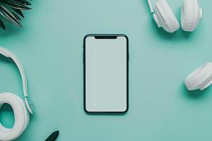 Mobile Device and Headphones Mockup with Engaging Screen Display Background photo