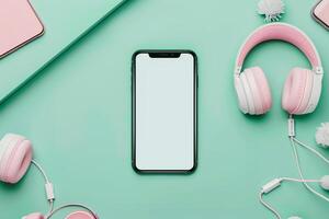 Mobile Device Mockup Screen with Headphones and Interactive Visual Background photo