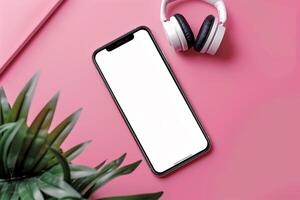 Mobile Phone Mockup Screen and Headphones with ed Display Background photo