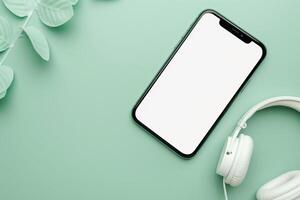 Mobile Device Mockup Screen and Headphones Featuring Interactive Display Background photo