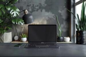 Contemporary gray workspace with laptop and productivity tools for efficiency background photo