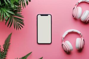 Mobile phone screen with headphones in a high tech   background photo