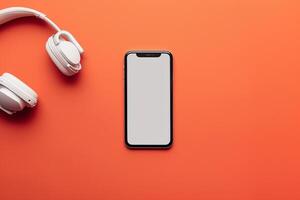 Mobile phone mockup with screen and headphones in an interactive tech background photo
