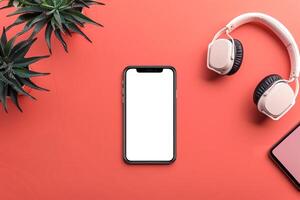 Mobile phone with screen and headphones in a functional tech   background photo