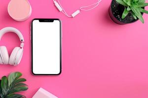 Mobile phone mockup with screen and headphones in an engaging tech background photo