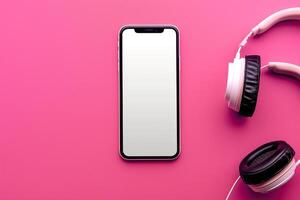 Mobile phone with screen and headphones in a versatile tech background photo