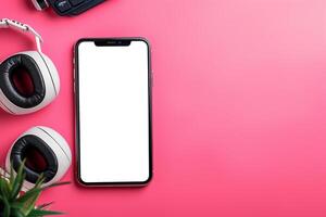 Mobile phone mockup featuring screen and headphones in a functional tech environment photo