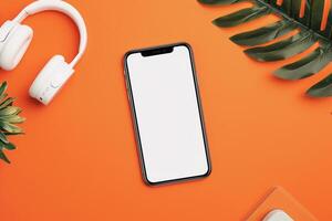 Mobile phone mockup with screen and headphones in a dynamic tech setup photo