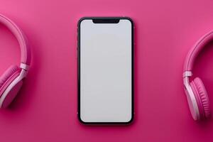 Mobile phone mockup featuring screen and headphones in a high tech setup photo