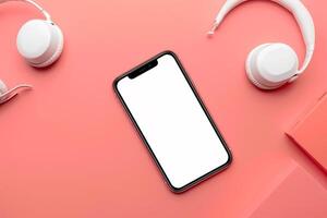 Mobile phone mockup with screen and headphones in a versatile tech photo