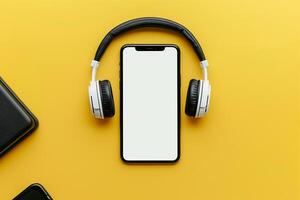 Mobile Device Mockup with Screen and Headphones in a high tech environment photo