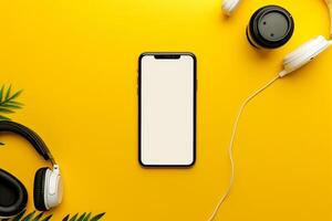 Mobile Device Mockup Screen and Headphones in a high tech digital background photo