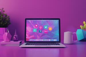Laptop Mockup with a social networking theme background for social media enthusiasts photo