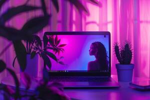 Laptop Mockup featuring a social networking theme background for online engagement photo