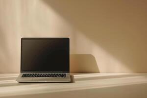 Laptop Mockup with a Neutral Beige Background for Tech Resources and Usage photo