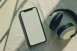 Mobile Phone Mockup Screen with Headphones in a Tech Forward and Innovative photo