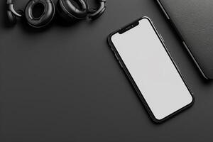Mobile Phone Mockup with Headphones and Screen in a Tech Context photo