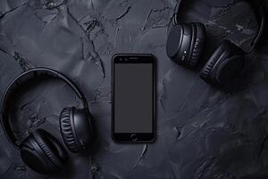 Mobile Phone Mockup Screen with Headphones Showcasing Tech Features and Audio Capabilities photo
