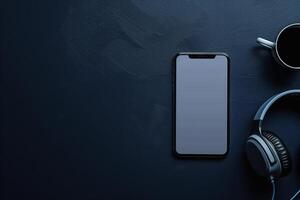 Mobile Phone Mockup Screen with Headphones Featuring Advanced Tech and Superior Audio Capabilities photo