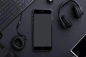 Mobile Phone Mockup Screen with Headphones Highlighting Cutting Edge Tech and Superior Audio Features photo