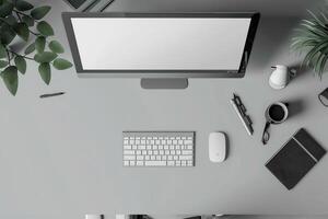 Desktop Computer Mockup on a Desk with Designer Tools for   Workspaces photo