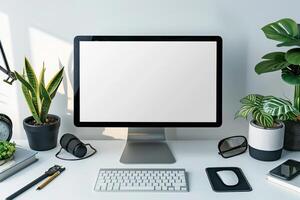 Desktop Computer Mockup Featuring Designer Tools on a Desk for   Projects photo