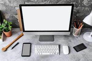 Desktop Computer Mockup with Designer Tools on a Desk for Productive Work Environments photo