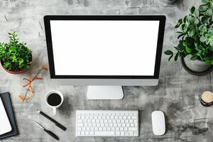 Desktop Computer Mockup with Artistic Tools on a Desk for Design and   Tasks photo