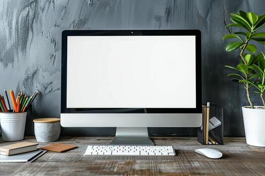 Desktop Computer Mockup Featuring Artistic Tools on a Designer s Workspace for   Use photo