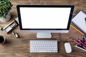 Desktop Computer Mockup on a Designer s Workspace with Artistic Tools for Design Work photo