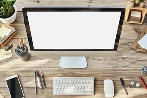 Desktop Computer Mockup on a Designer s Workspace with Artistic Tools for   Projects photo