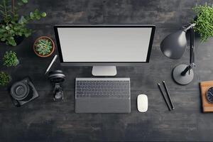 Desktop Computer Mockup on a Desk with Designer Tools for   and Professional Use photo