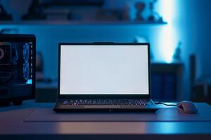 Laptop Mockup with Gaming Mouse on a White Desk for a High Performance Gaming Experience photo