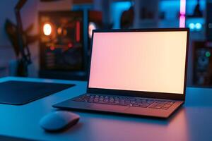 Laptop Mockup on a White Desk with Gaming Mouse for a High Quality Gaming Setup photo