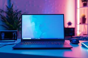 Laptop Mockup on a White Desk with Gaming Mouse for an Optimal Gaming Experience photo